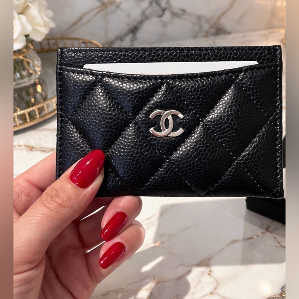 CHANEL Black Quilted Card Case with Silver Hardware
